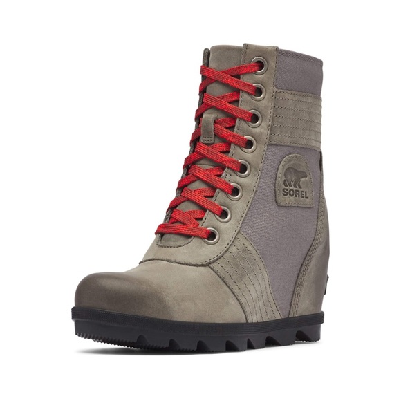 New! Sorel Lexie Wedge Lace Up Waterproof Leather Boot - Quarry w/red laces - Picture 6 of 10